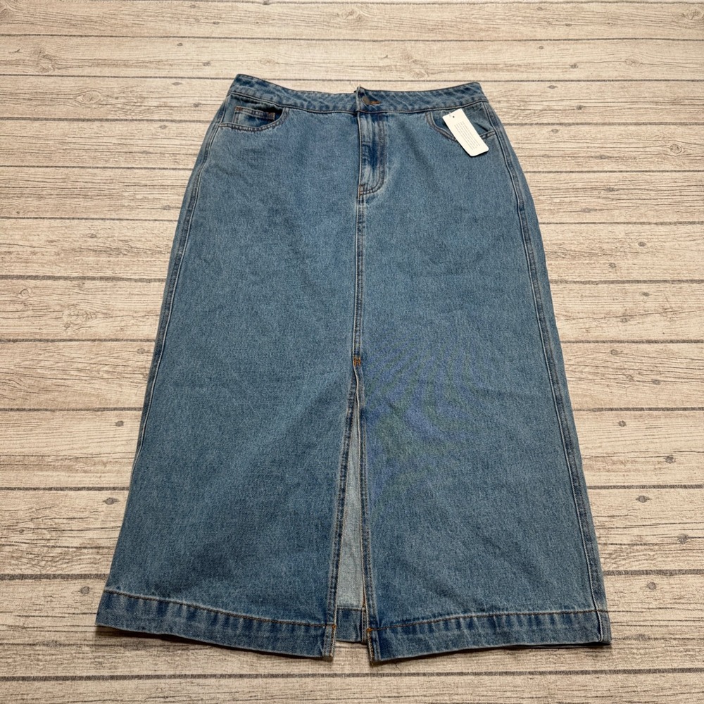 NEW Velvet Heart Midi Skirt Women's 10 Blue Paulina Denim Front Slit Cotton Chic